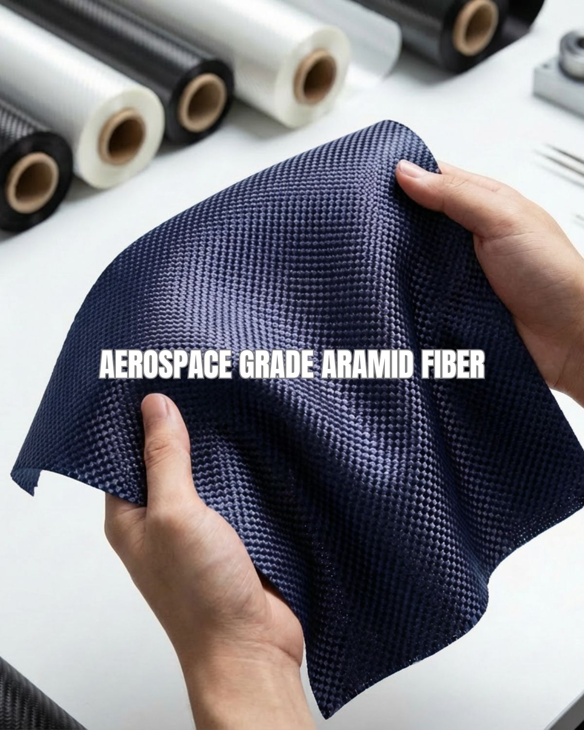 Aerospace-grade aramid fiber with a hand holding it, text about its properties.
