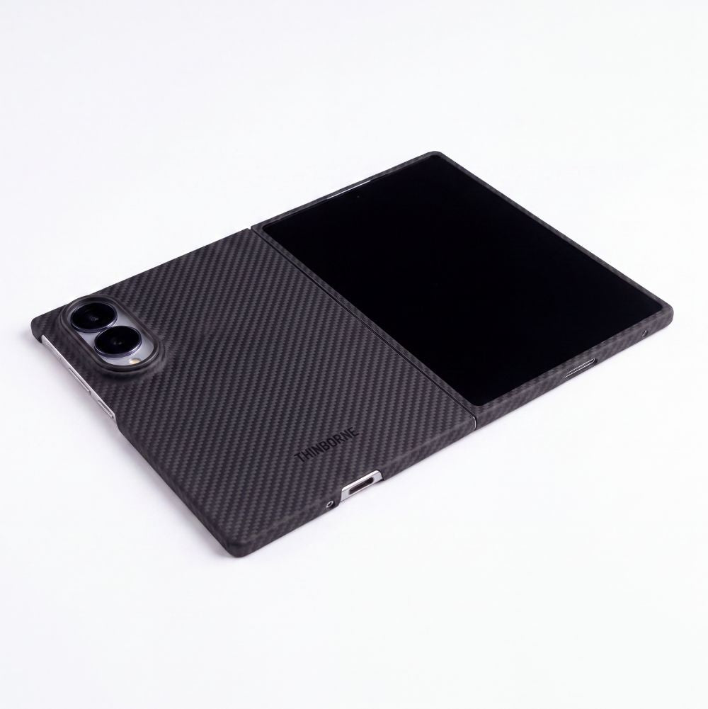 unfold galaxy z fold 8 with aramid fiber case laying on white background

