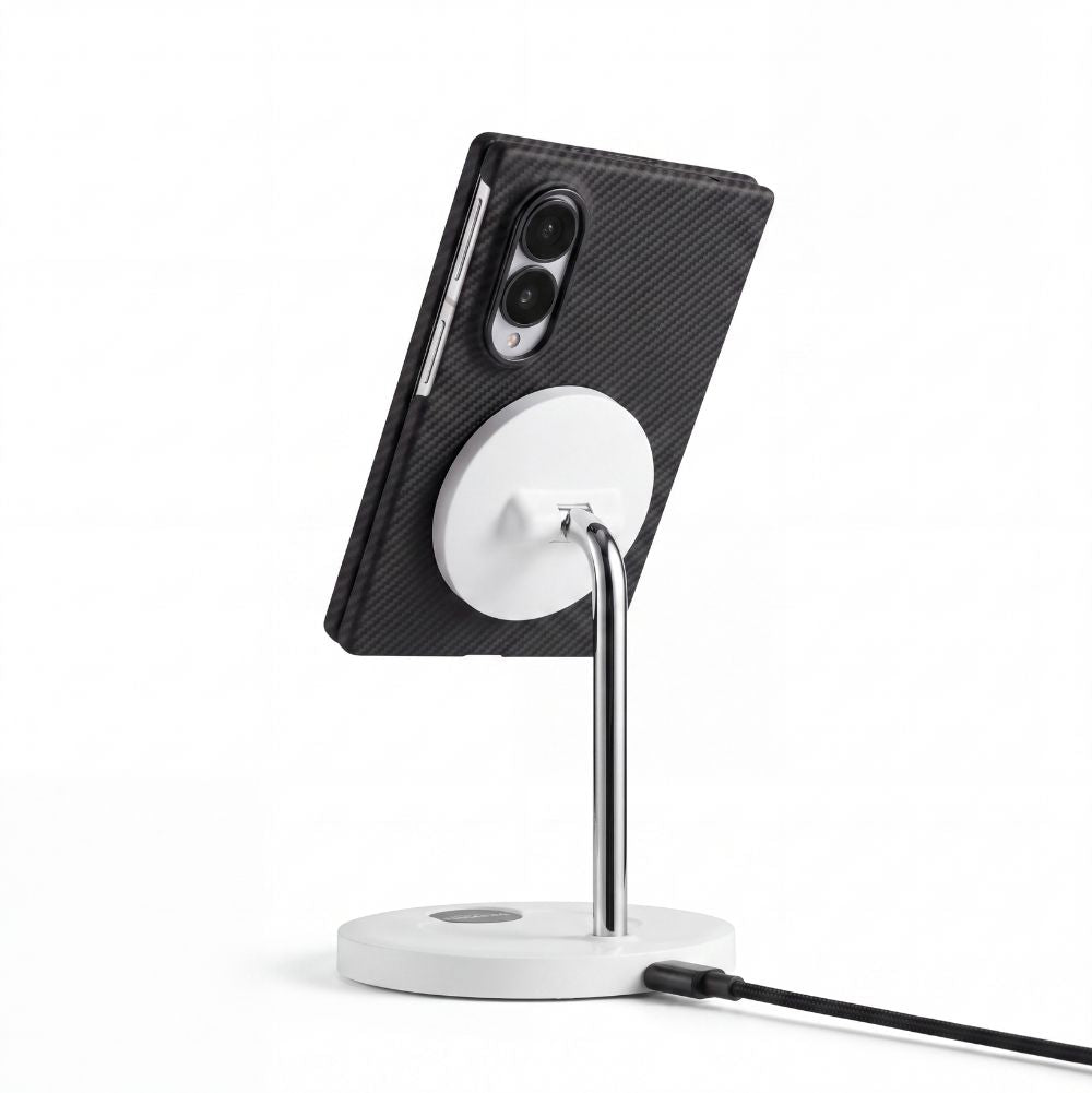 galaxy z fold 8 with aramid fiber case attached to the magsafe stand