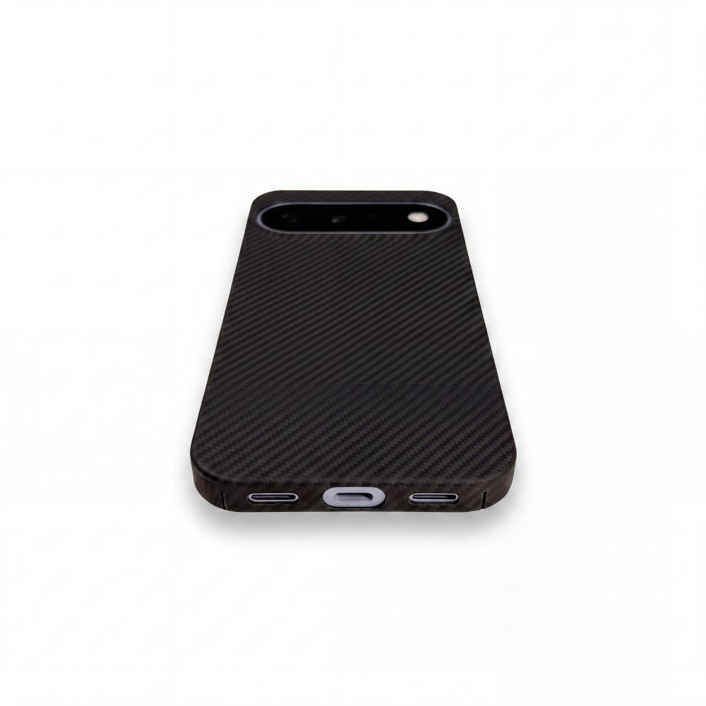 A black carbon fiber pixel 11  phone case shown from the back on a clean white background.