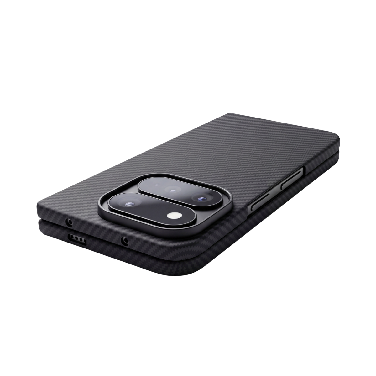 folded pixel 11 pro fold with aramid fiber acse laying on the surface to show the design of cameras and cutouts
