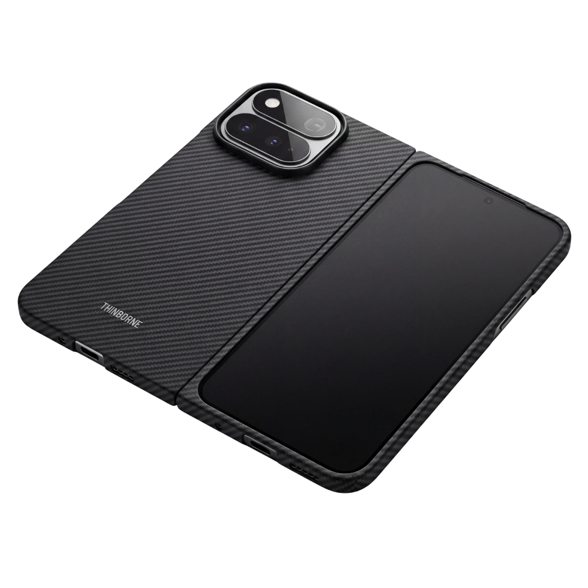 unfold pixel 11 pro fold with aramid fiber case laying on the surface