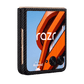 A Razer ultra 2026 smartphone shown closed in a vertical orientation, featuring a black carbon-fiber-textured outer shell with metallic rose-gold side buttons and a screen displaying an orange and blue abstract wallpaper with the Razer logo.