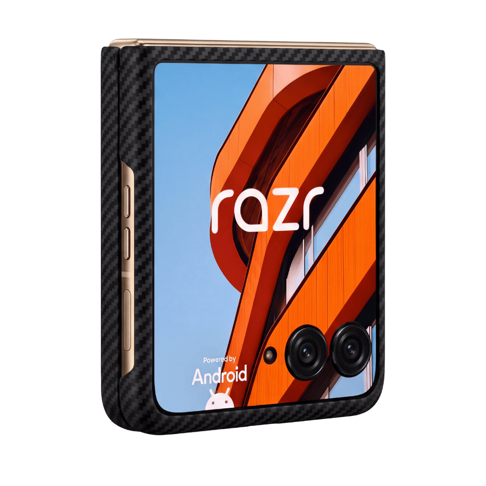 A Razer ultra 2026 smartphone shown closed in a vertical orientation, featuring a black carbon-fiber-textured outer shell with metallic rose-gold side buttons and a screen displaying an orange and blue abstract wallpaper with the Razer logo.