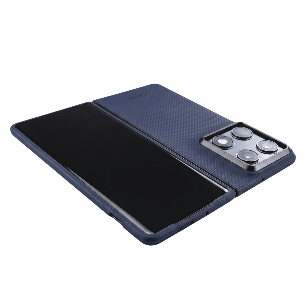 close shot of blue motorola razr fold case with phone
