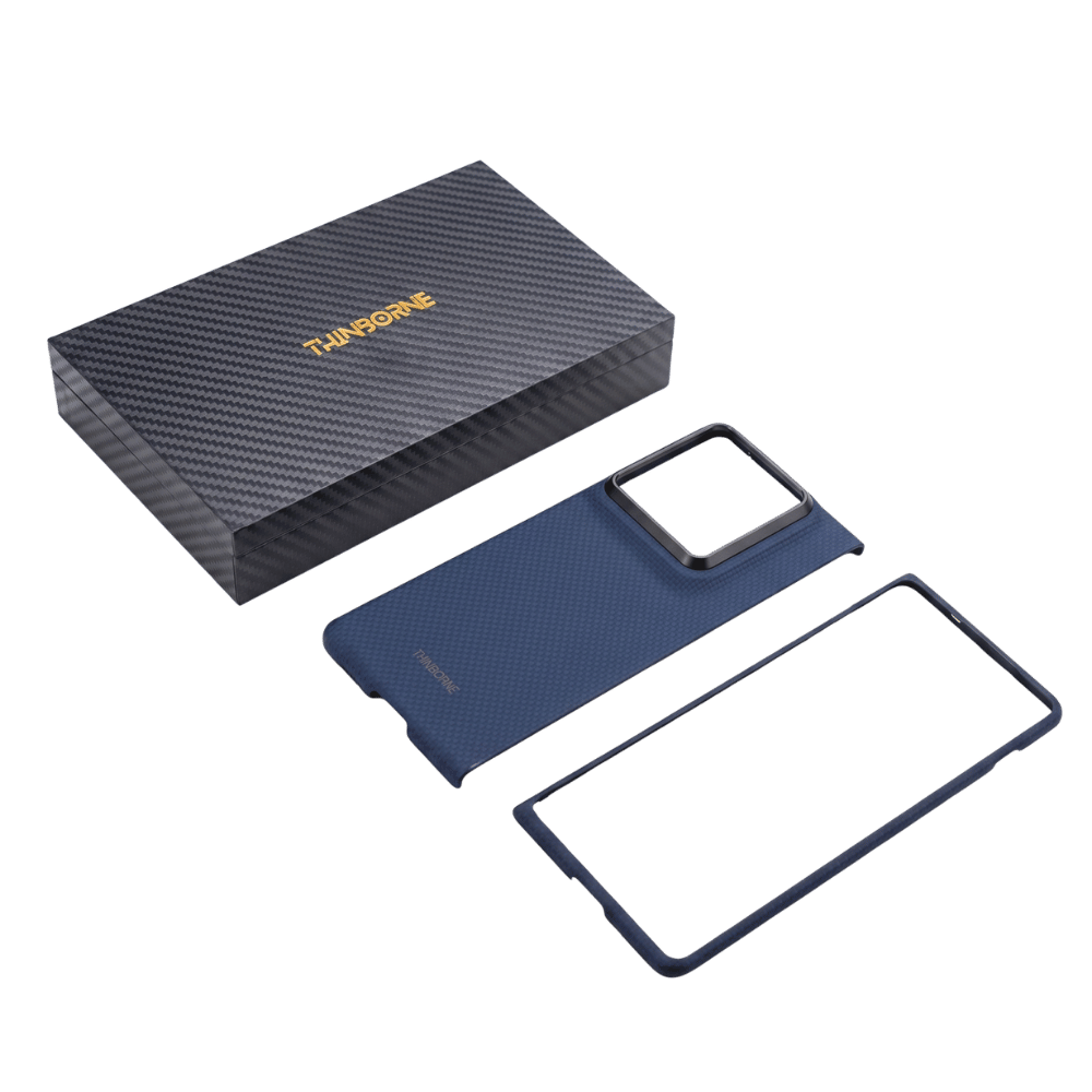 blue motorola razr fold case with package laying on white desk