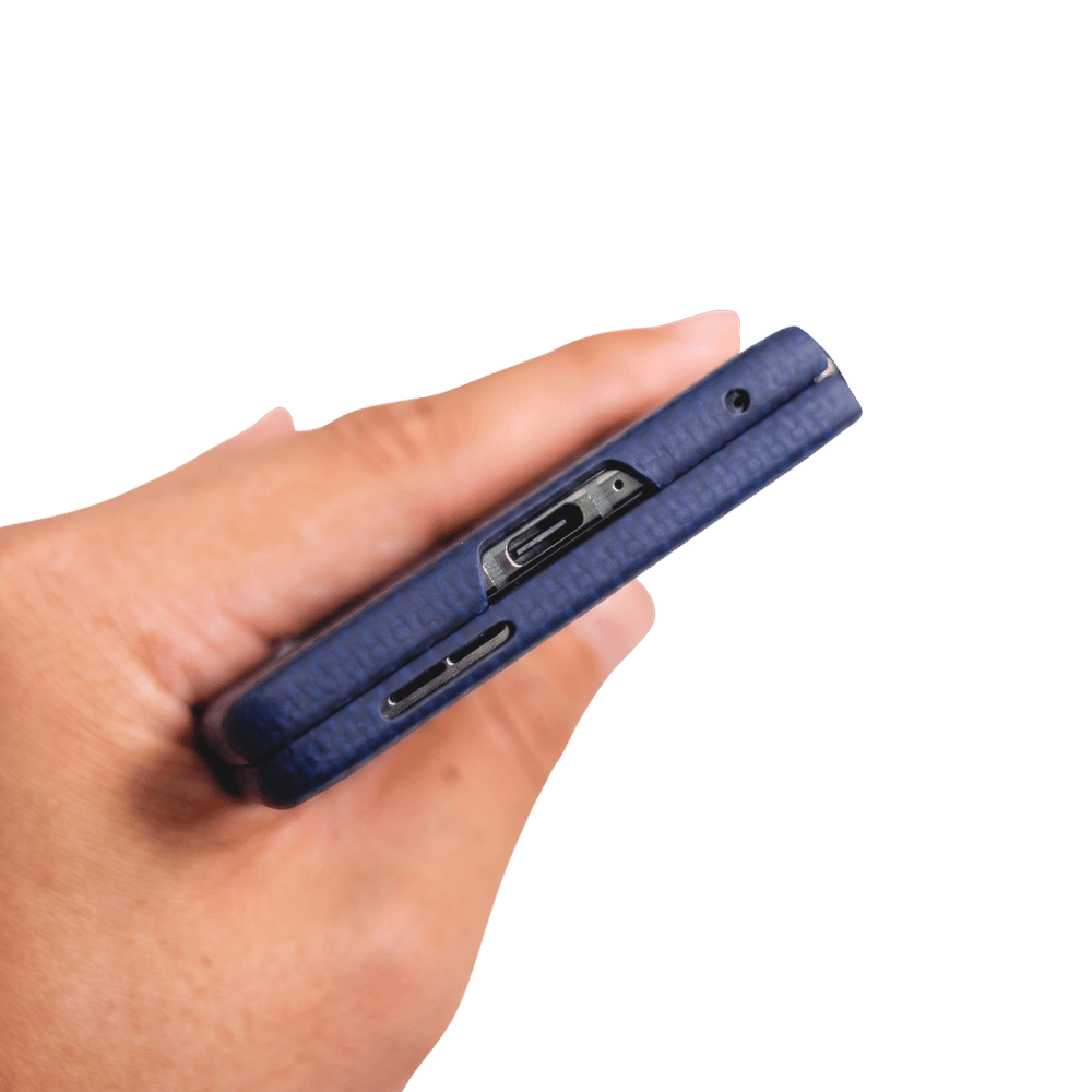 close shot of blue motorola razr fold bottom design