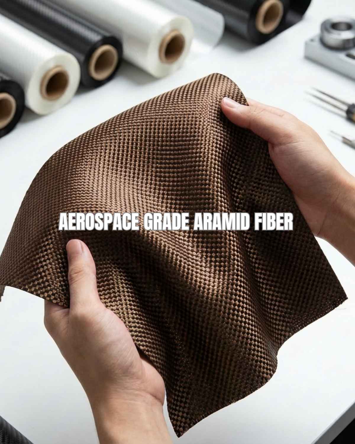 Aerospace-grade aramid fiber with a hand holding it, text about its properties.

