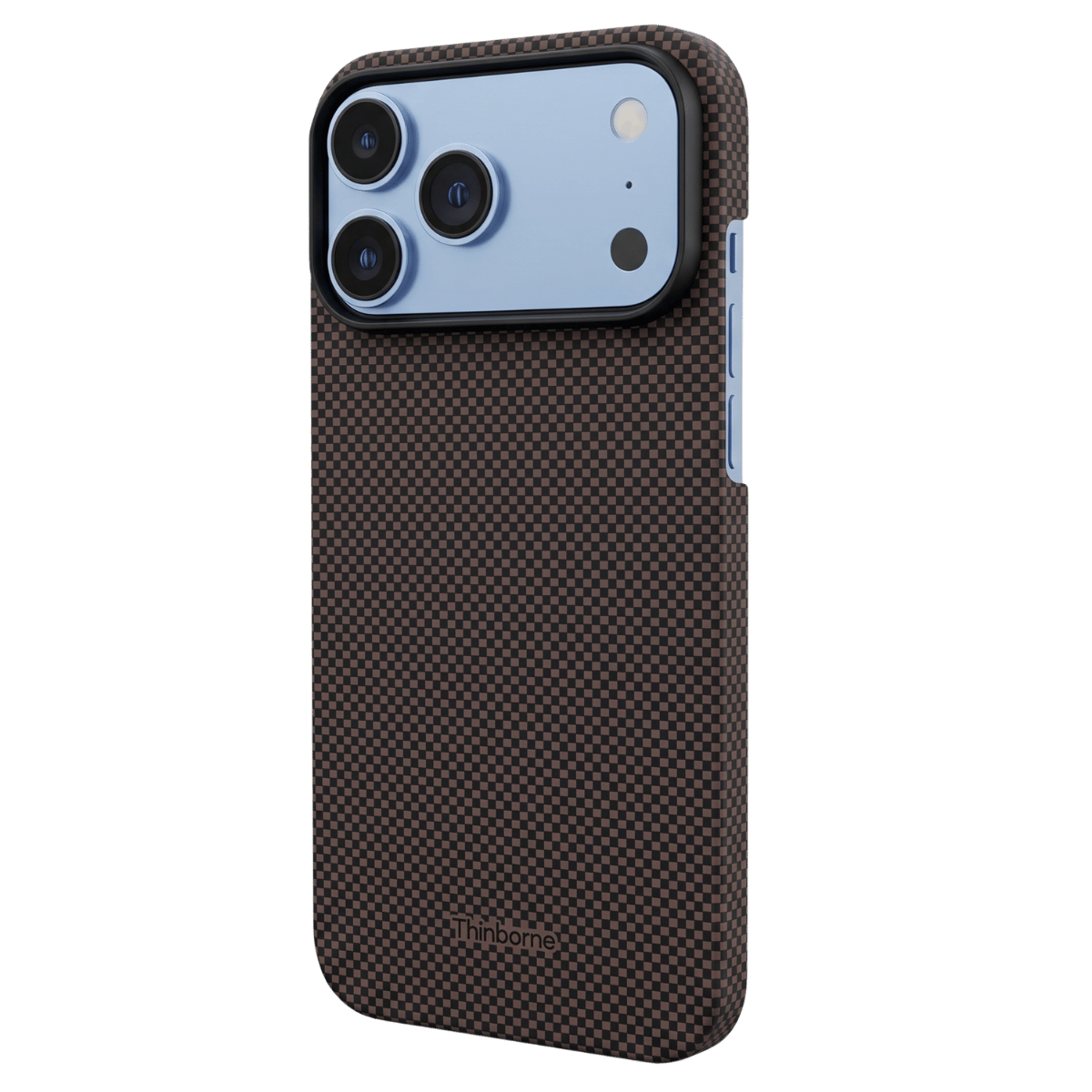 brown iPhone 18 Pro Max aramid fiber case with carbon fiber texture and raised camera frame, shown from the back.