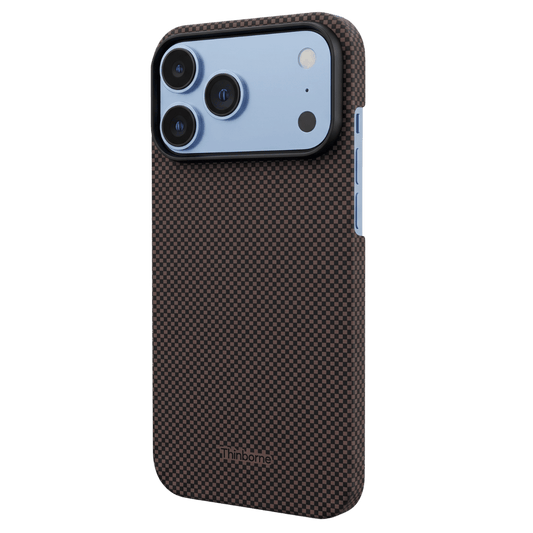 brown iPhone 18 Pro Max aramid fiber case with carbon fiber texture and raised camera frame, shown from the back.