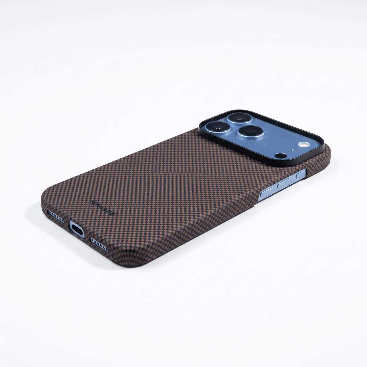 iphone 18 pro max case with brown aramid case laying on the surface with screen facing down