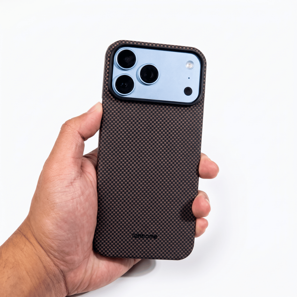 iphone 18 pro max with brown aramid fiber case held by a hand