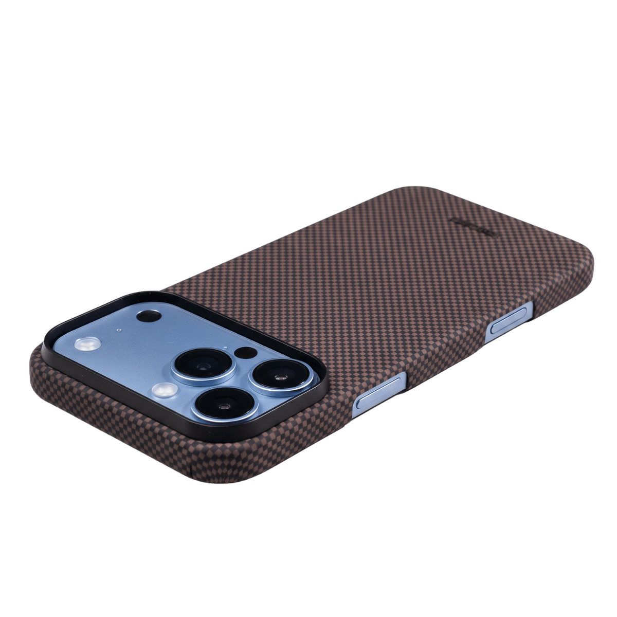 iphone 18 pro max with brown aramid fiber laying on the surface with screen facing down