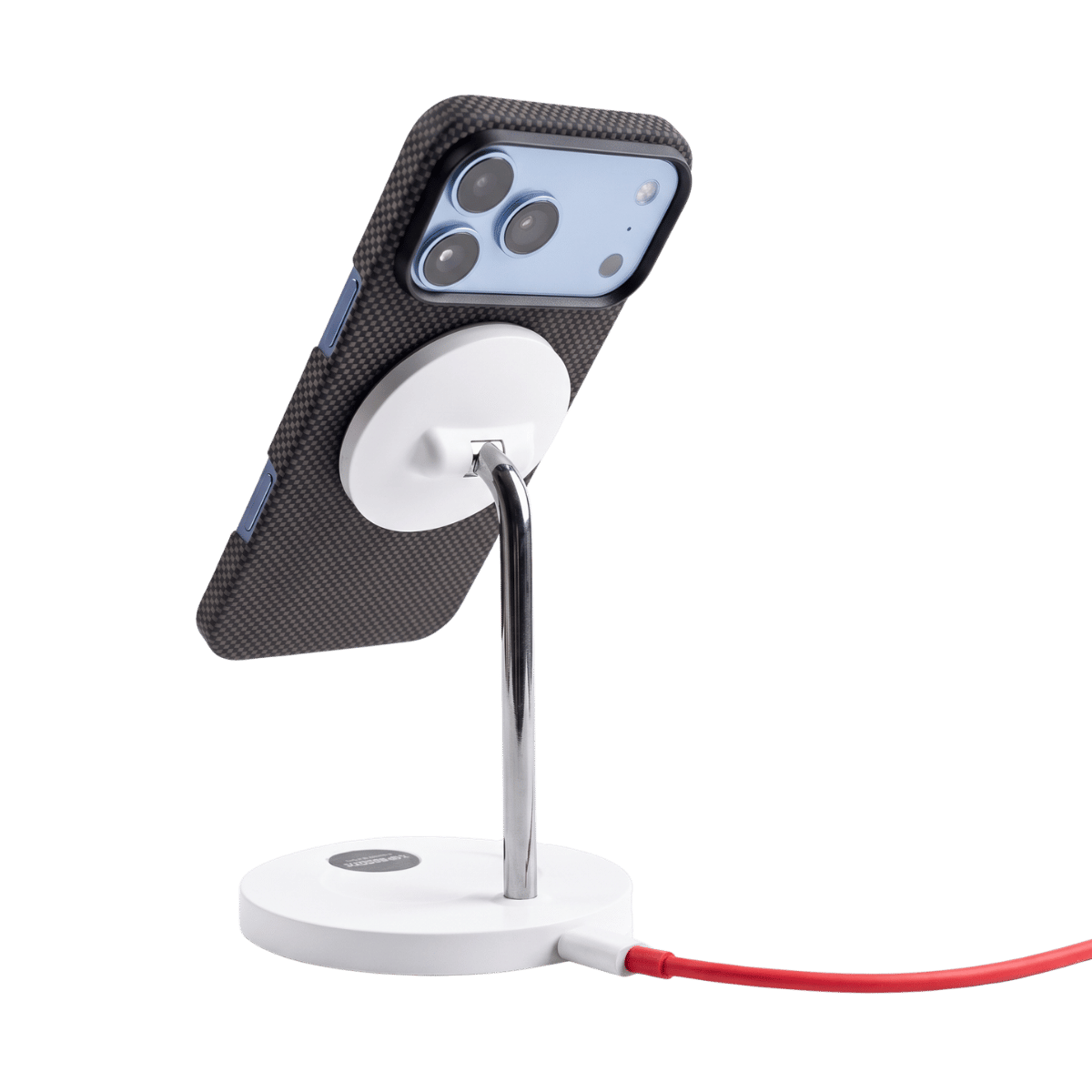 iphone 18 pro max with aramid fiber case attached to magsafte stand charging