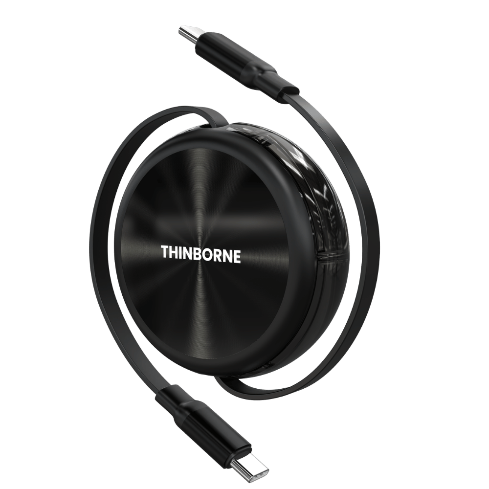 Retractable USB-C to USB-C cable with 240W fast charging and 480 Mbps USB 2.0 data transfer. 