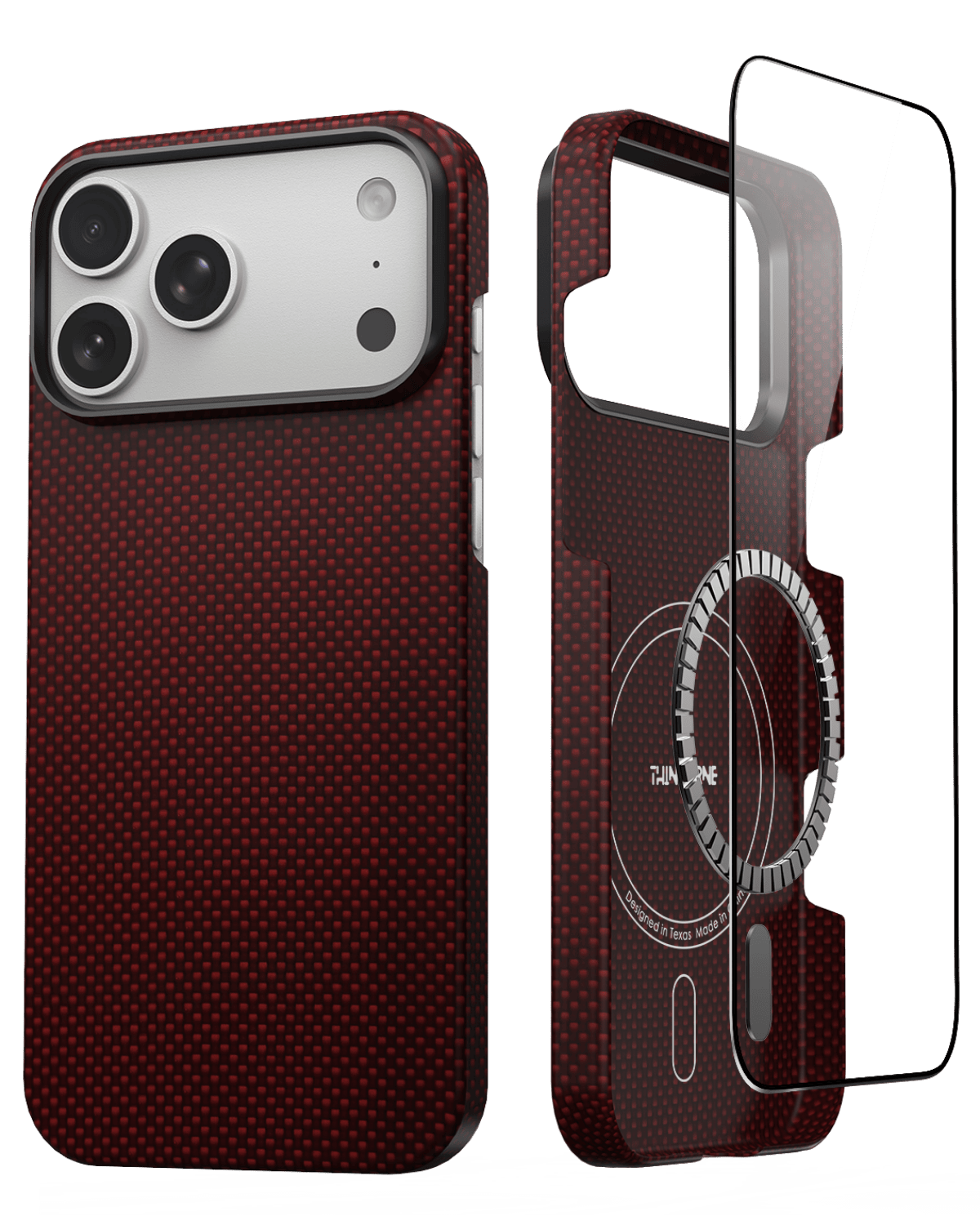 back and front view of iphone 17 pro aramid fiber case in red with a screen protector