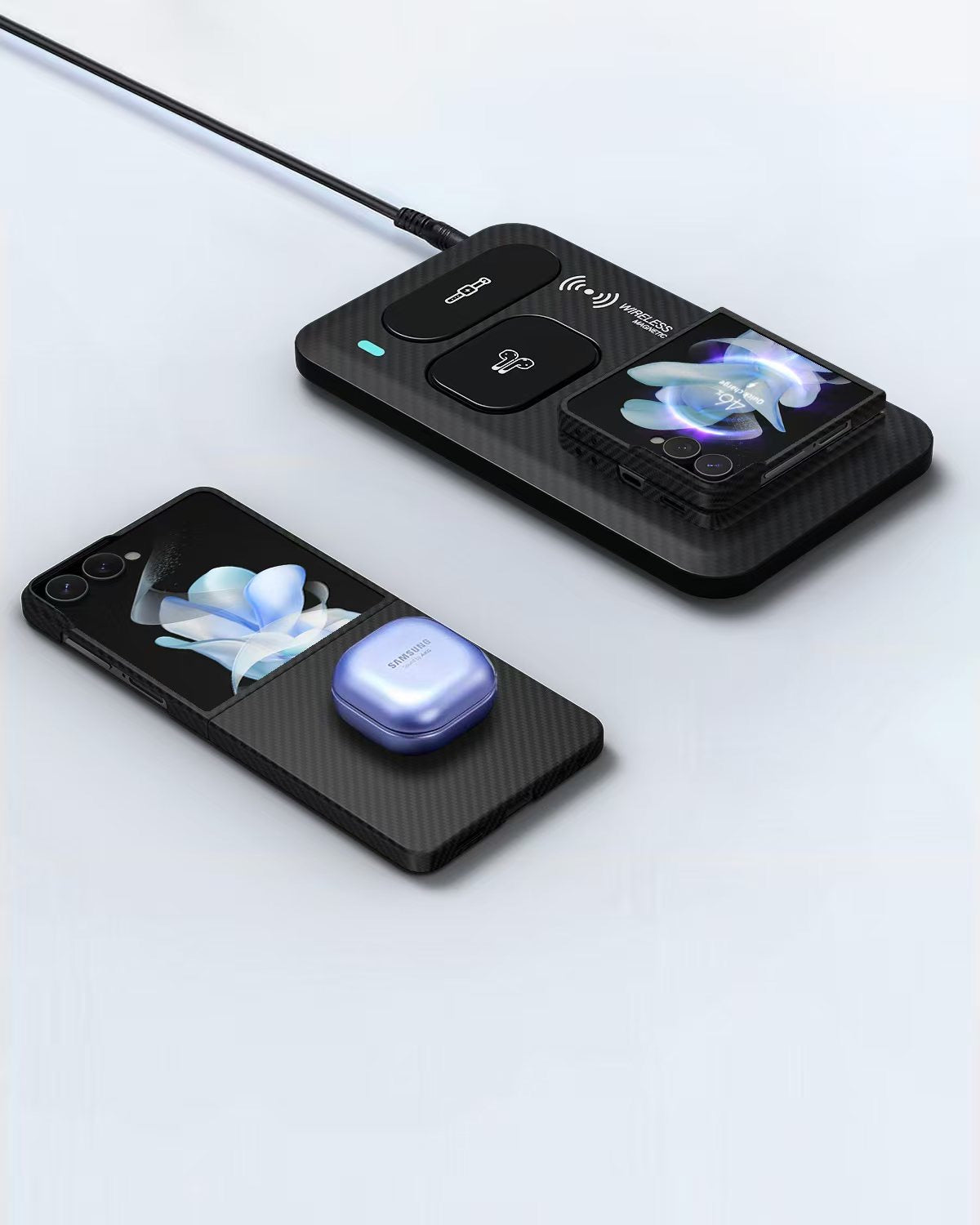 Galaxy Z Flip 7 case compatible with PowerShare and wireless charging.