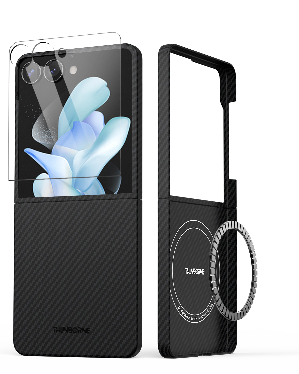 Galaxy Z Flip 7 case – front and back view, with MagSafe and tempered glass screen protector.