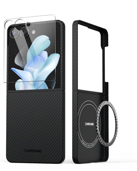Galaxy Z Flip 7 case – front and back view, with MagSafe and tempered glass screen protector.