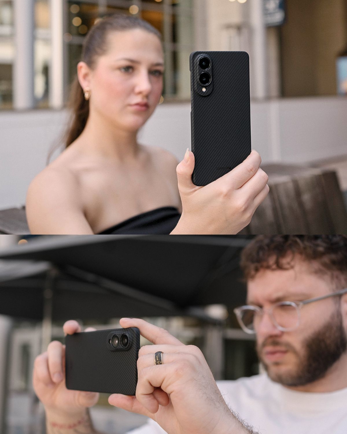 A person holding a slim, black carbon fiber case on a Samsung Galaxy S25 Edge phone.
