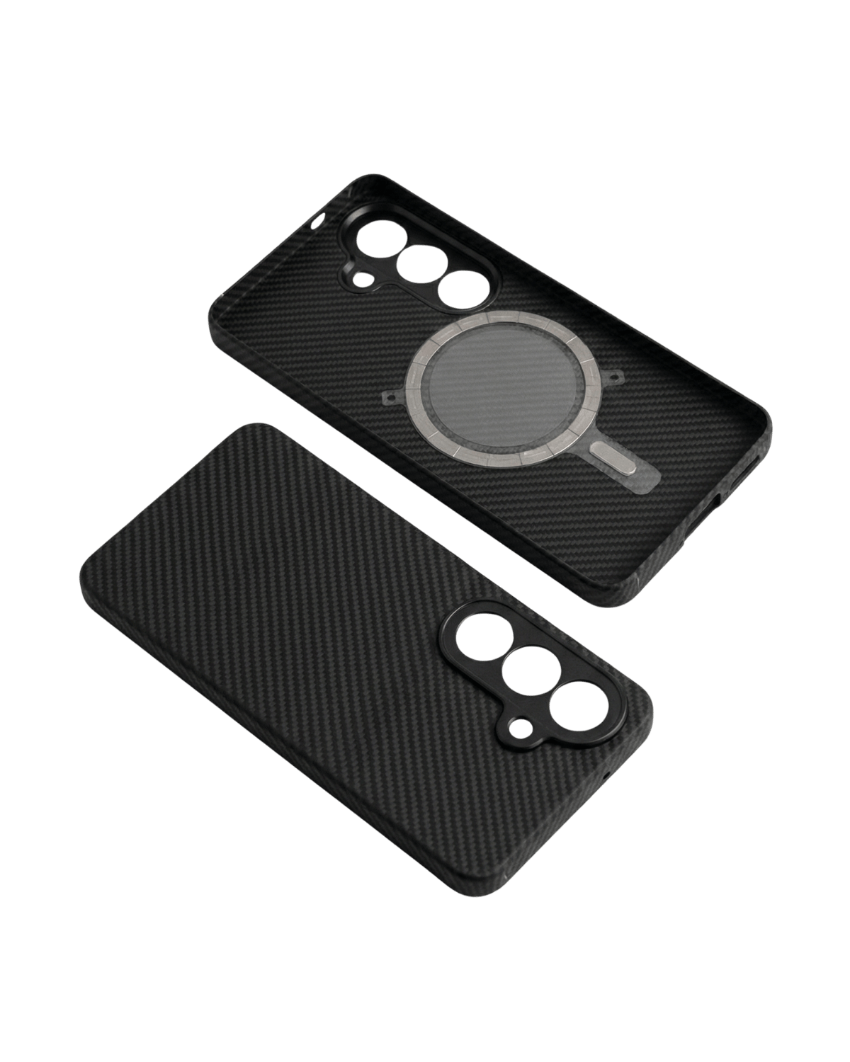 Black galaxy s26 phone case with carbon fiber texture on a transparent background