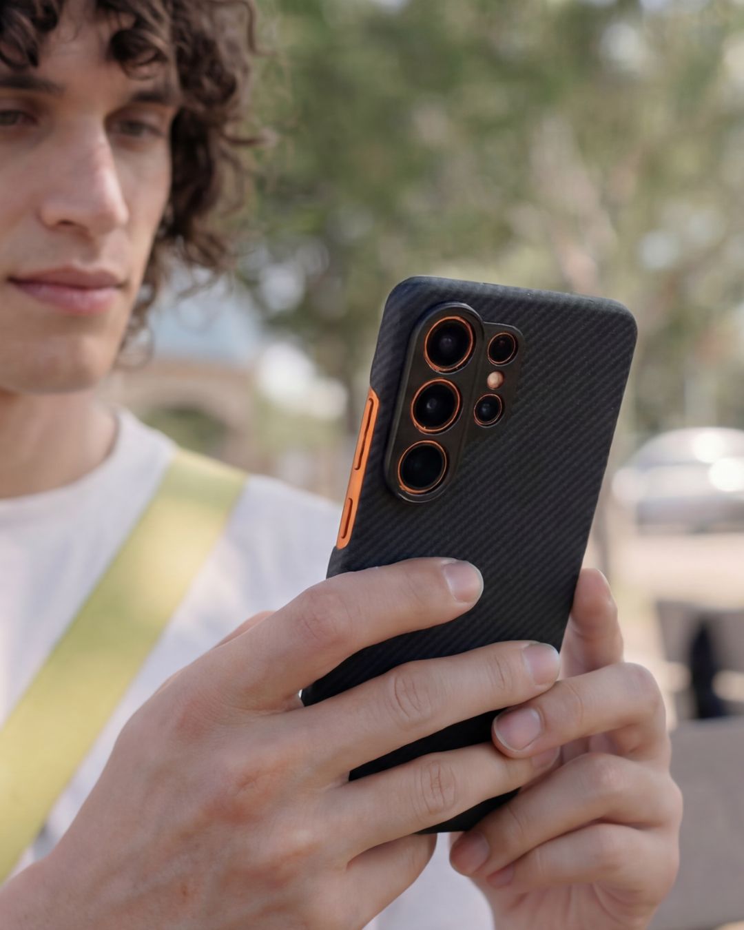 a male holding galaxy s26 ultra case with 2 hands
