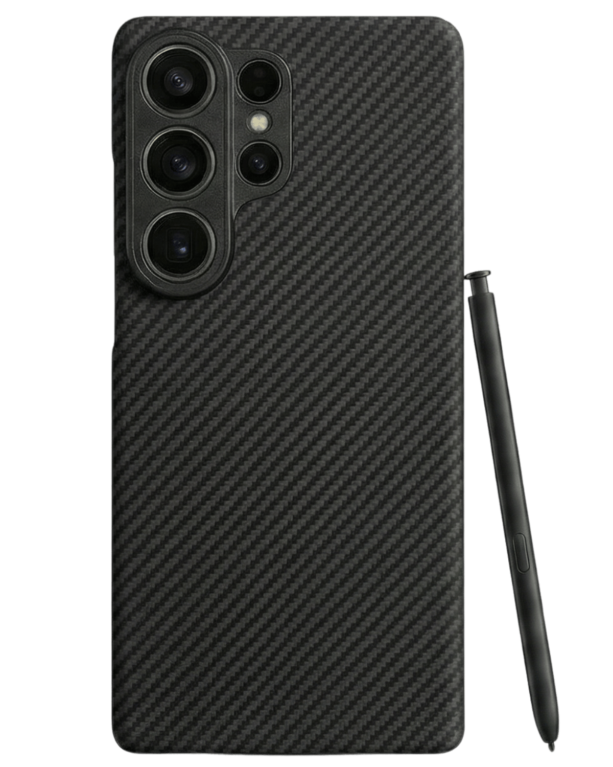 Black carbon fiber samsung galaxy s26 ultra phone case with a stylus on a transparent background