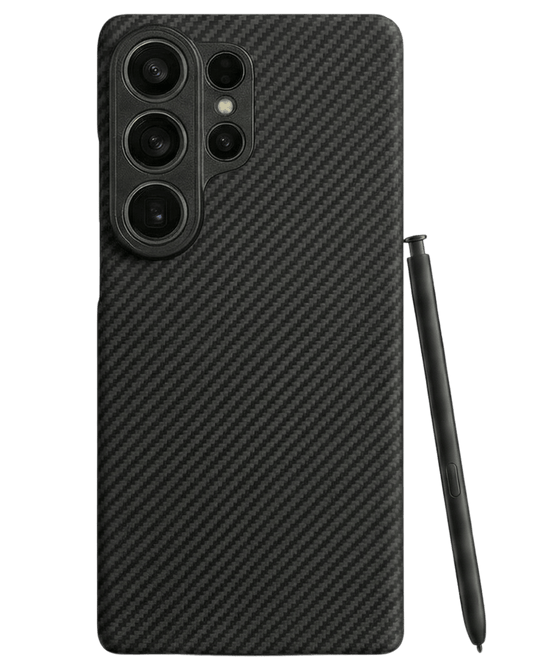 Black carbon fiber samsung galaxy s26 ultra phone case with a stylus on a transparent background
