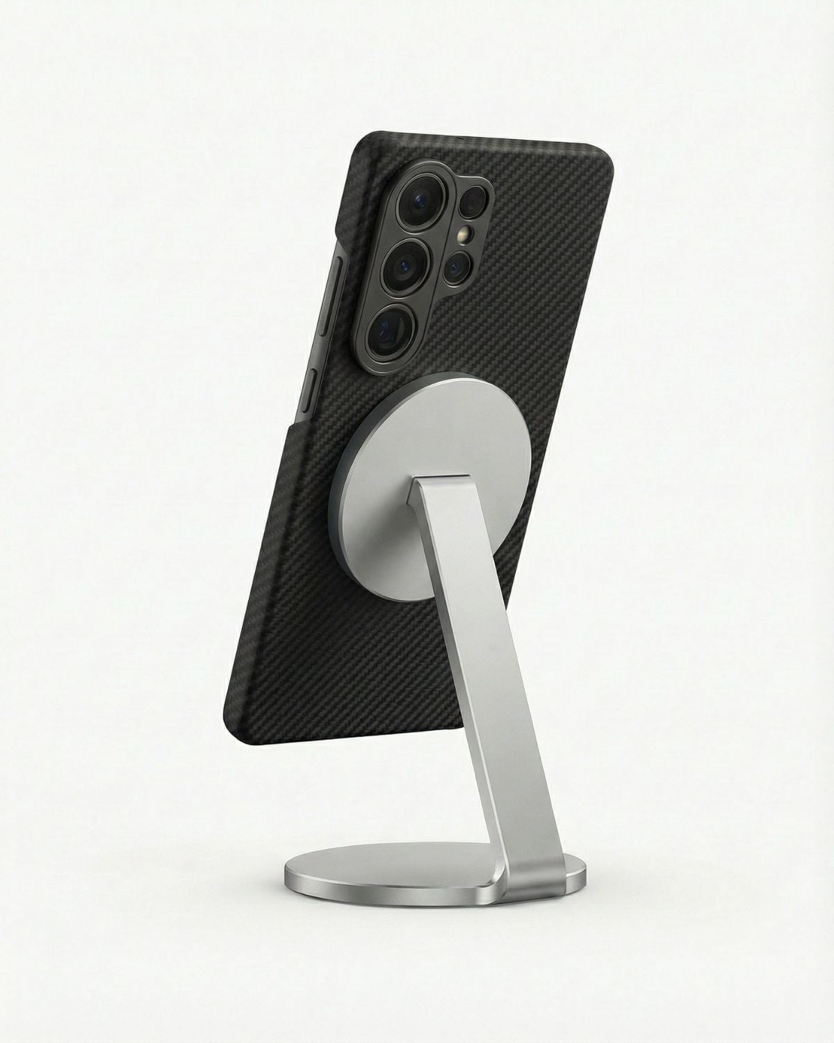 Phone stand with a black phone with galaxy s26 ultra carbon fiber case on a white background