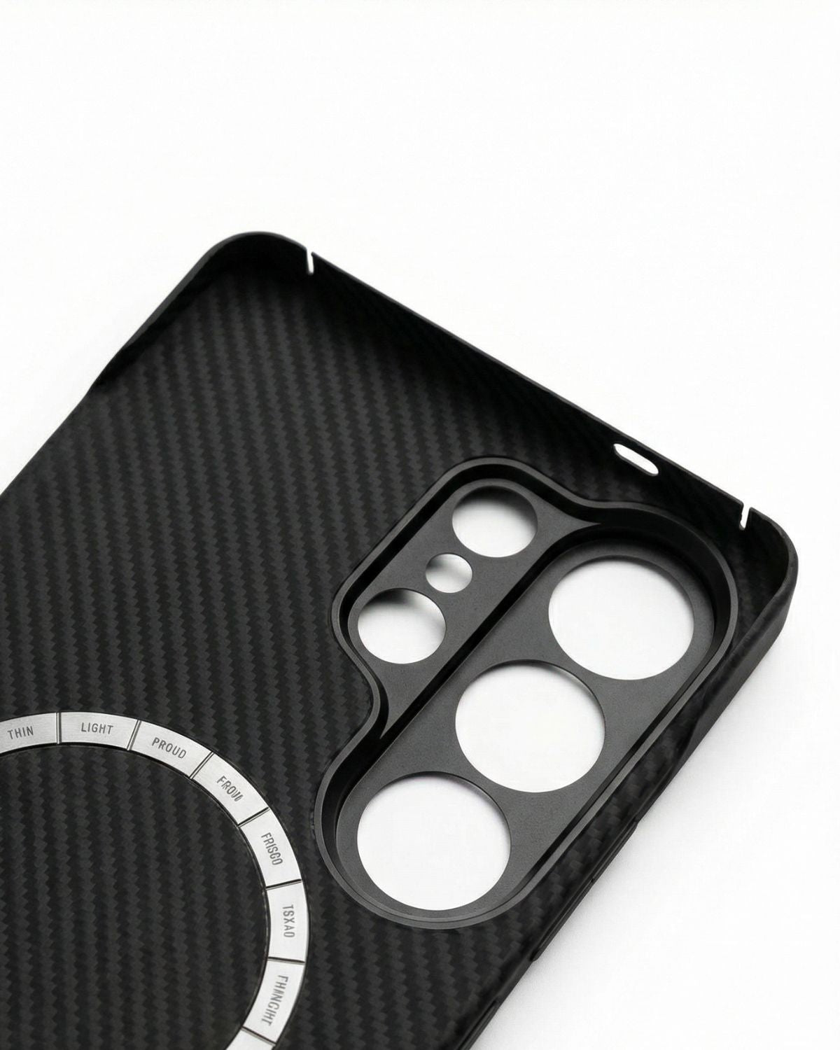 Black phone case with carbon fiber texture on a white background