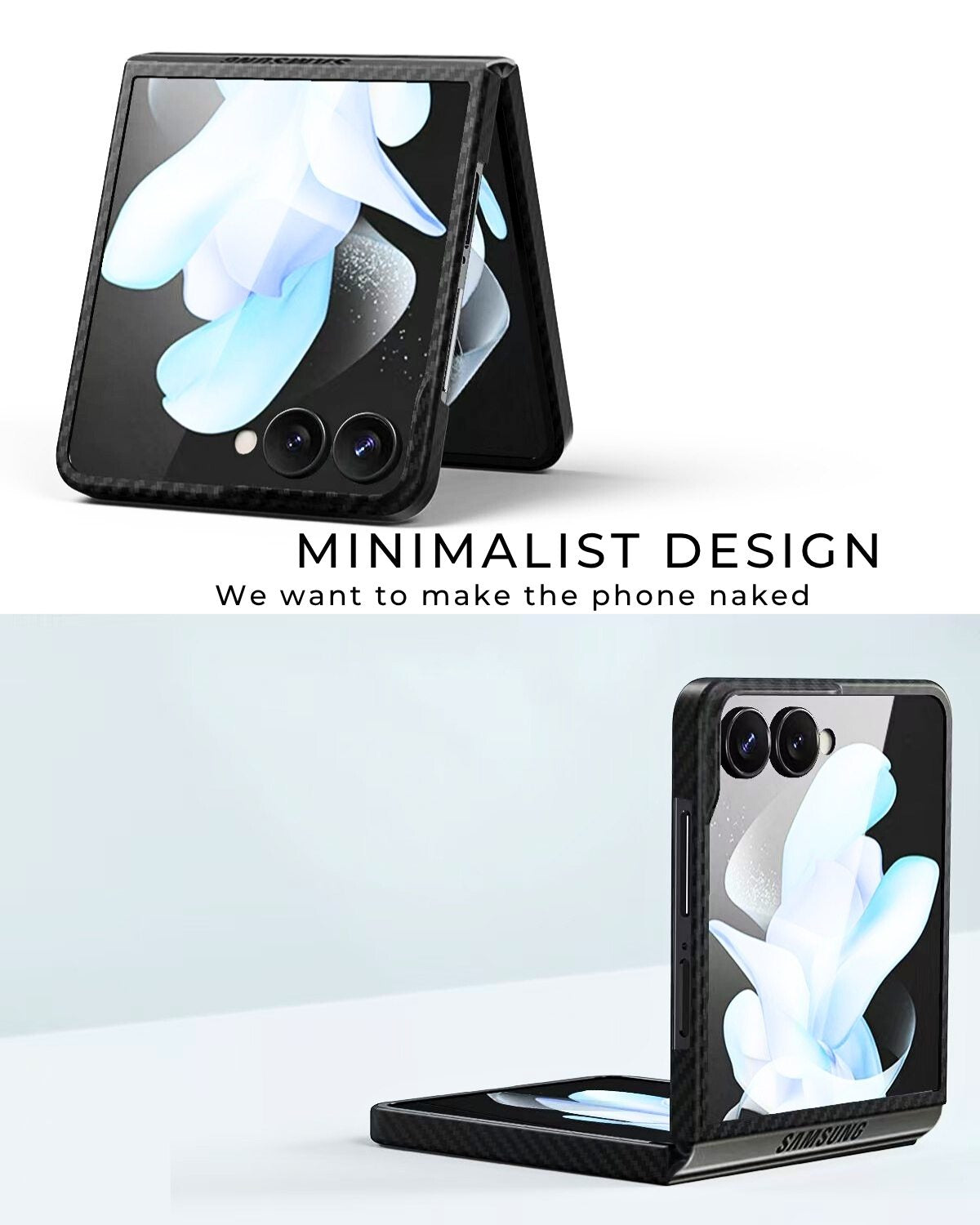 Galaxy Z Flip 7 case shown from different angles to highlight its sleek, minimalist design.