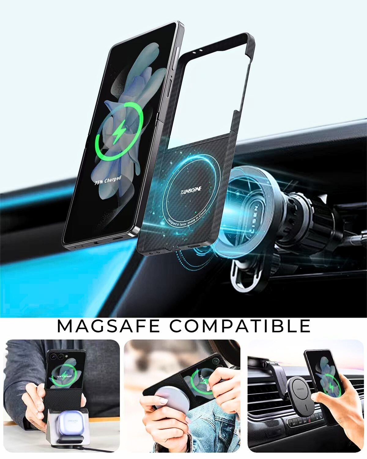 MagSafe compatible samsung galaxy z flip 7 case with wireless charging feature, displayed in a car and held by hands.