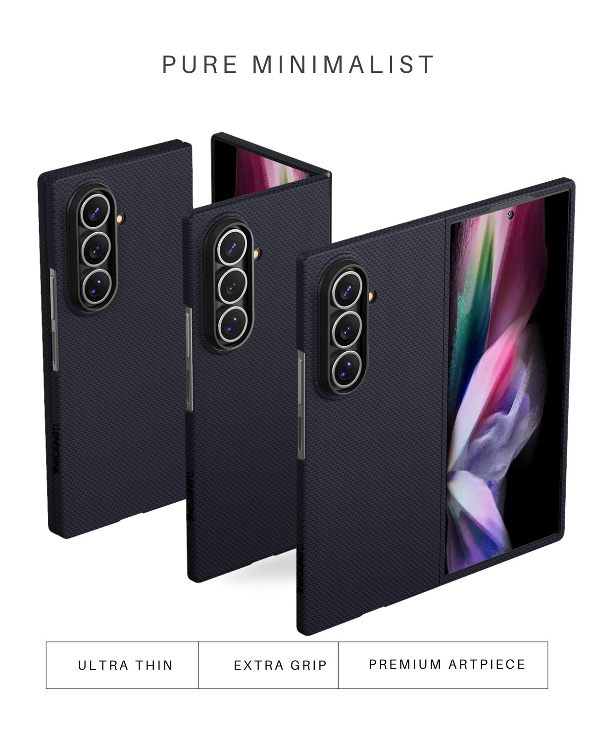 Pure minimalist navy galaxy z fold 7 case shown in three views: folded, partially open, and fully unfolded.