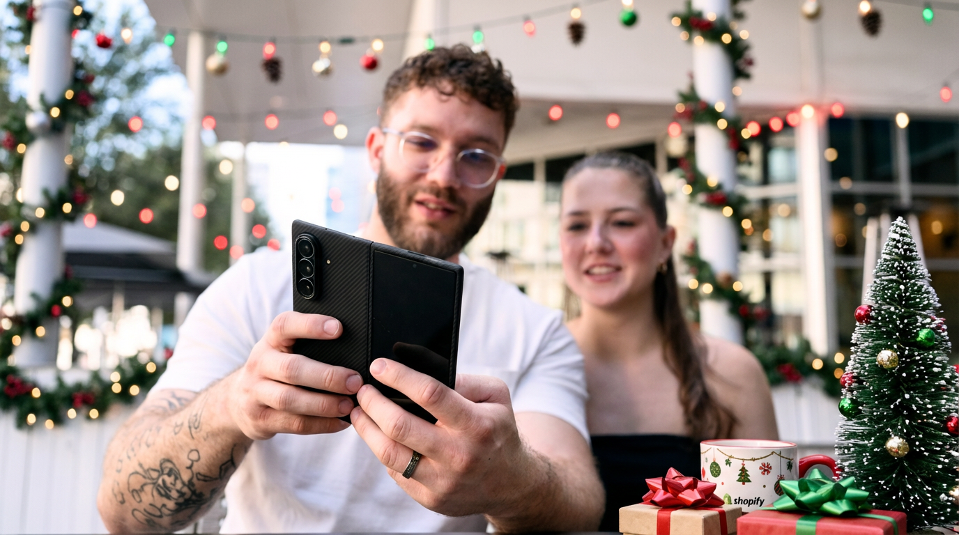 A man and a woman look at a half-folded Galaxy Z Fold 7 with a black carbon fiber case, which the man is holding.