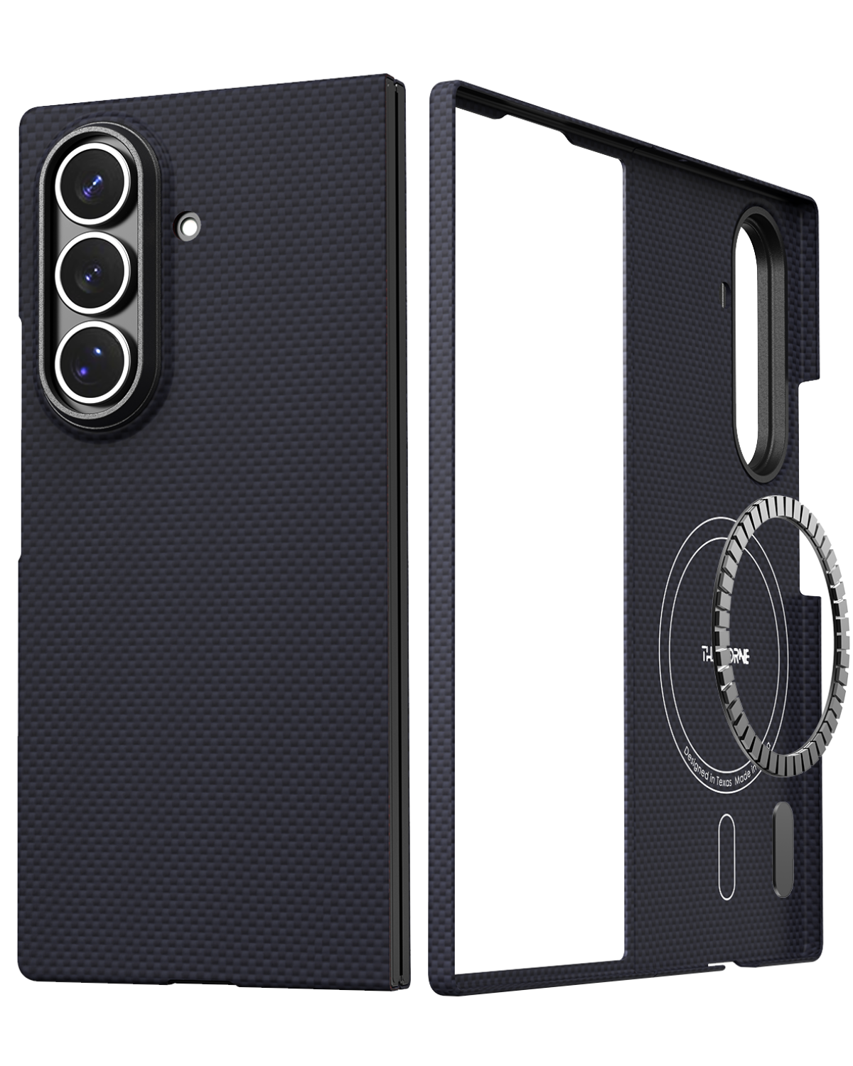 Exploded view of the two-piece ultra thin navy galaxy z fold 7 case with magsafe compatibility details.