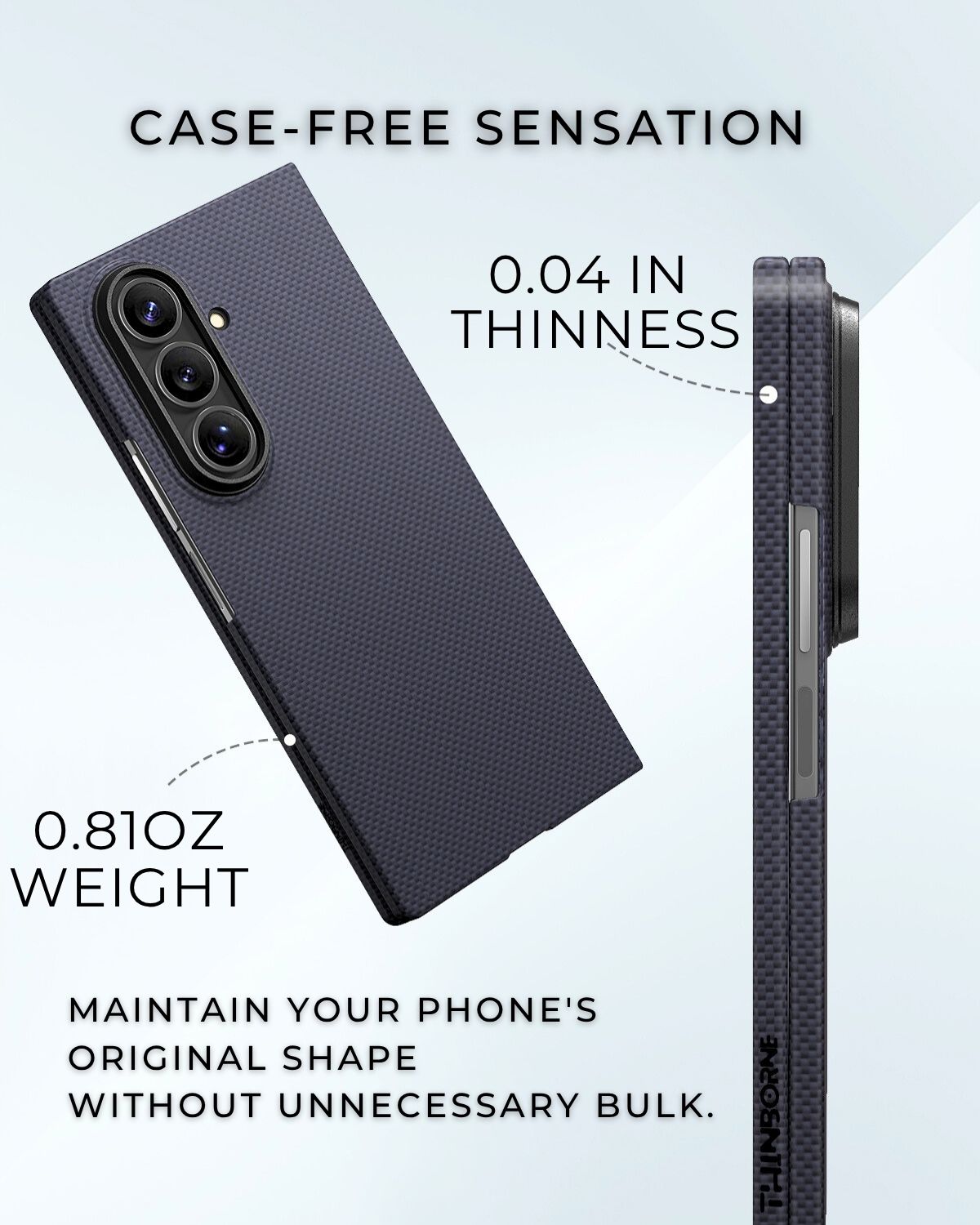 Ultra thin navy galaxy z fold 7 case highlighting 0.04 inch thickness and 0.81 ounce weight.