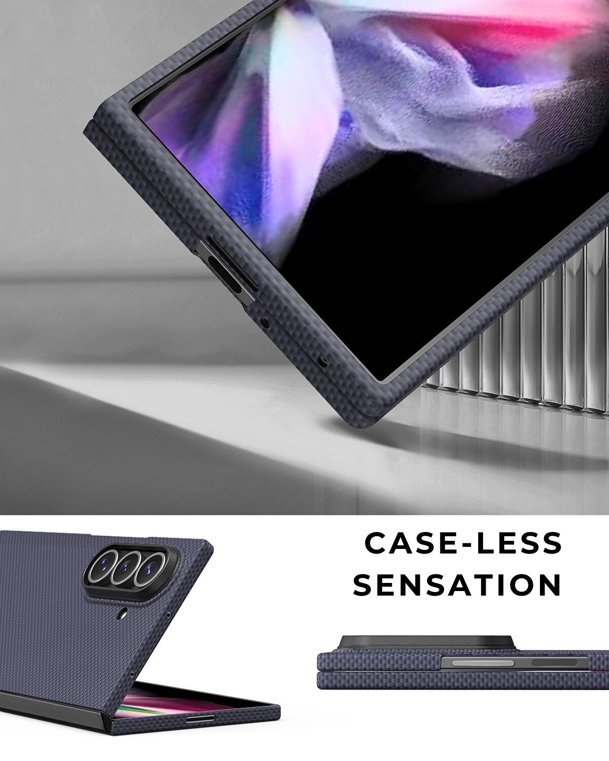 Case-less sensation view of the slim-fit galaxy z fold 7 case on the phone, partially folded.