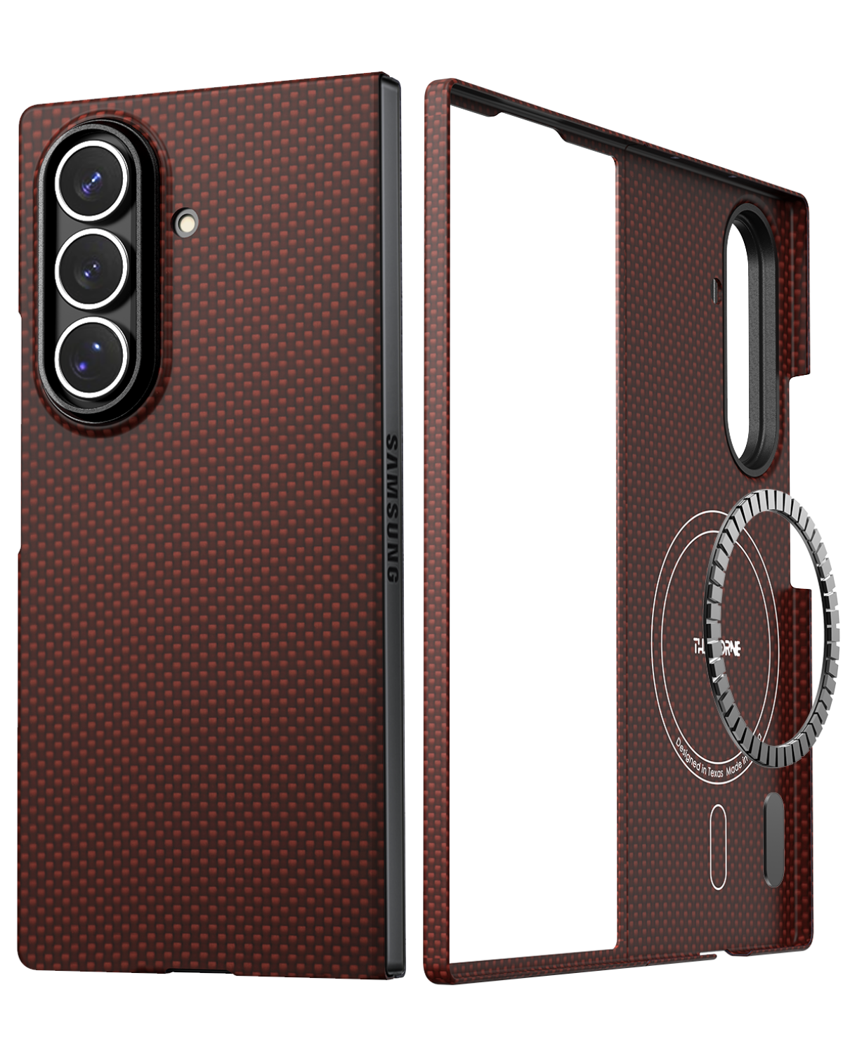 Exploded view of the two-piece ultra thin navy galaxy z fold 7 case with magsafe compatibility details.