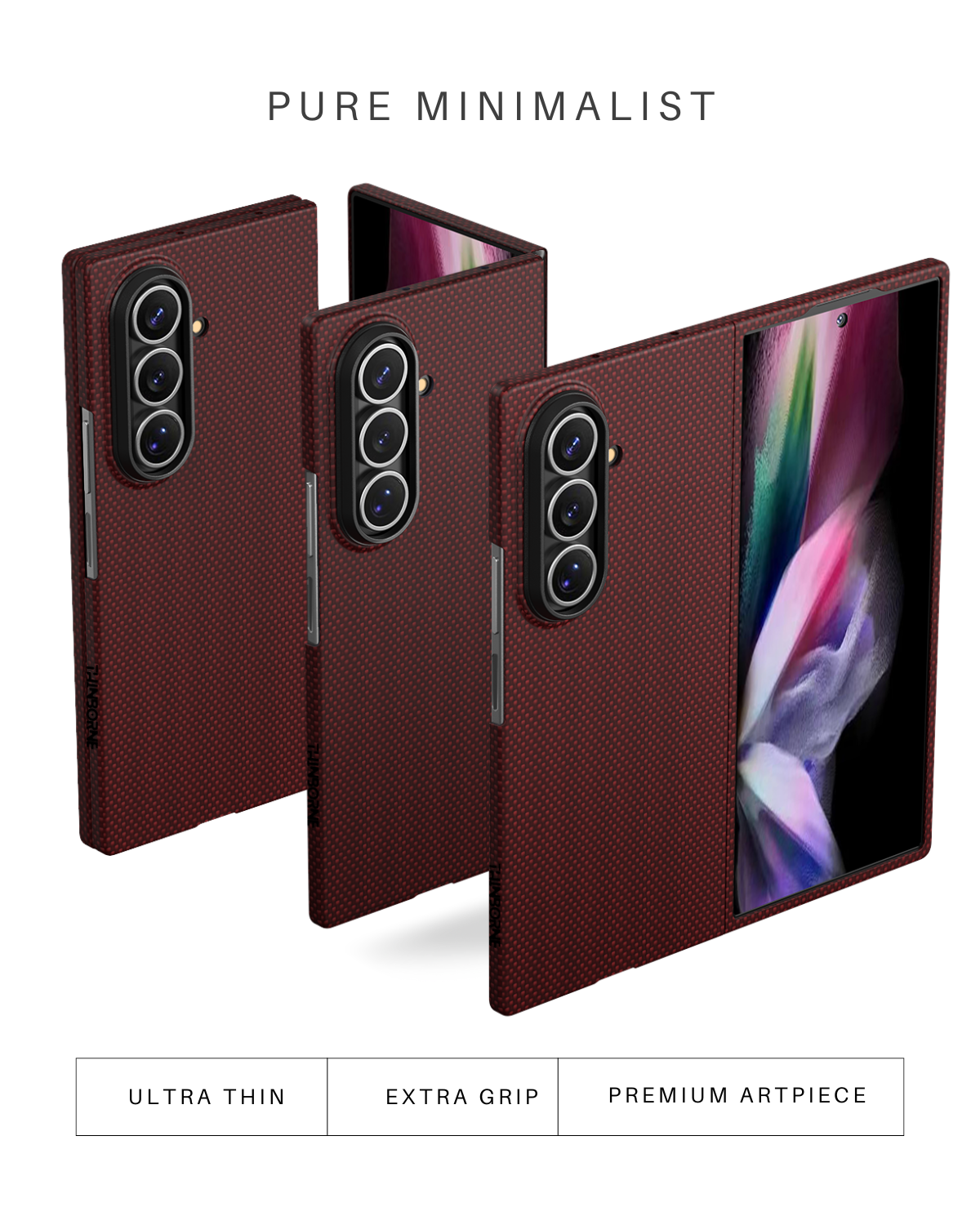 Pure minimalist navy galaxy z fold 7 case shown in three views: folded, partially open, and fully unfolded.