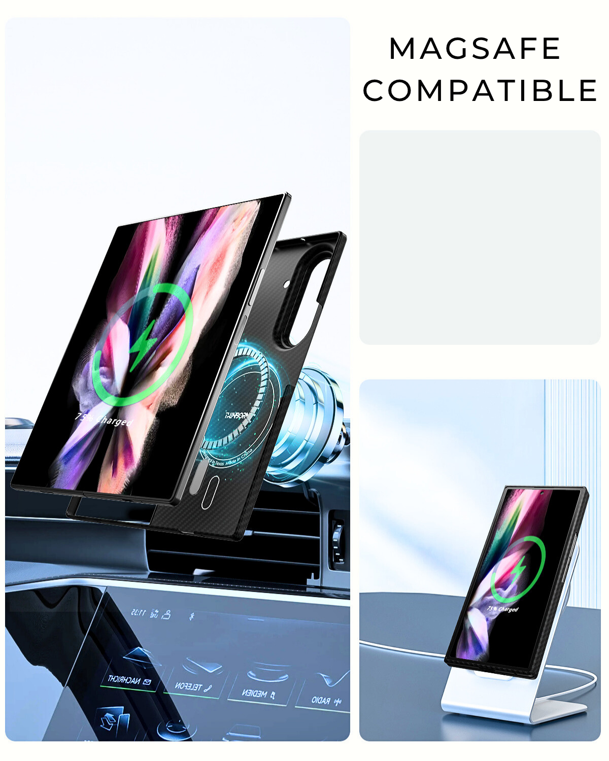 Magsafe compatible galaxy z fold 7 case shown wirelessly charging on a car mount and a desktop stand.