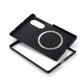 A black carbon fiber galaxy z fold 8 phone case with a built-in silver circular MagSafe ring, shown with its matching black inner frame on a white background.