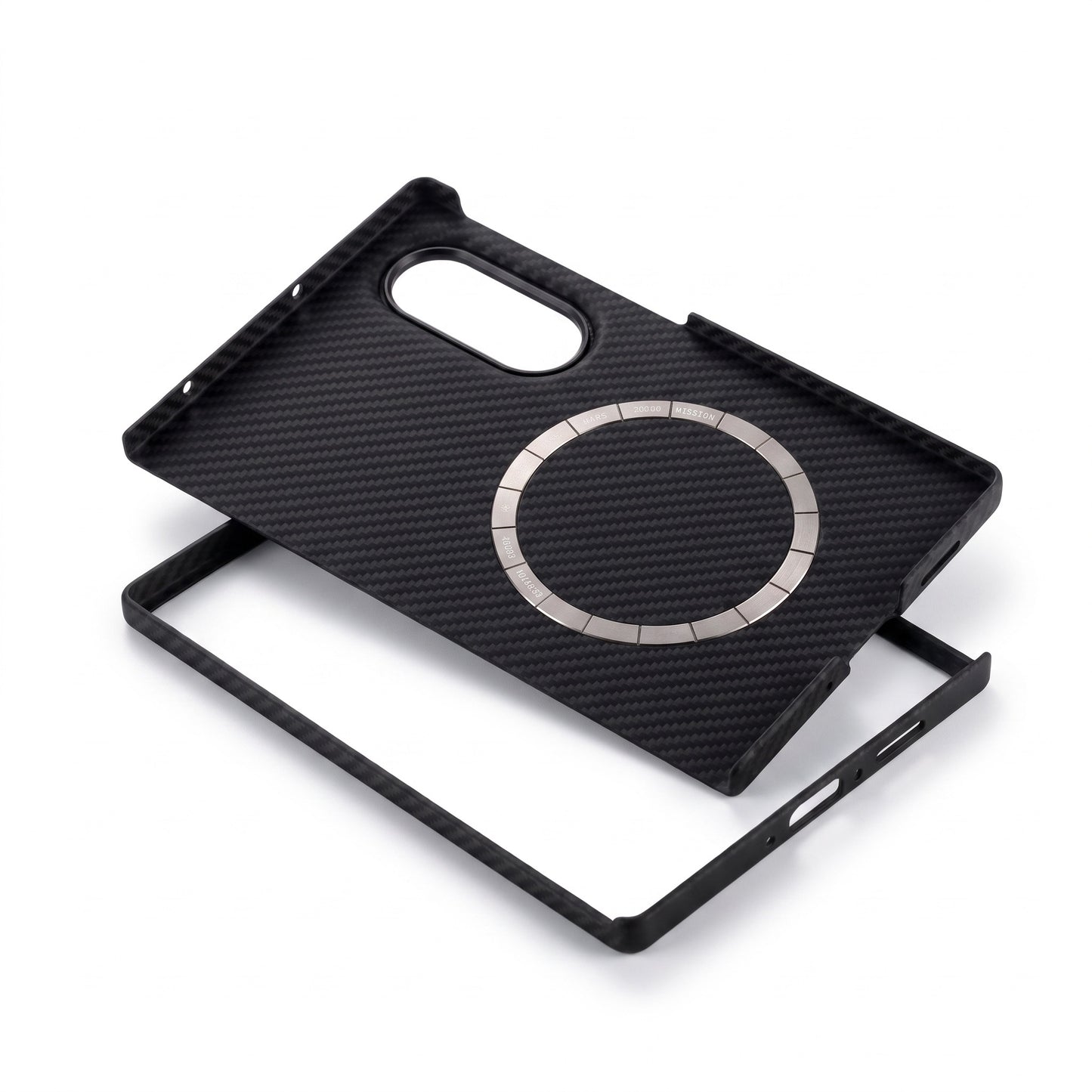 A black carbon fiber galaxy z fold 8 phone case with a built-in silver circular MagSafe ring, shown with its matching black inner frame on a white background.