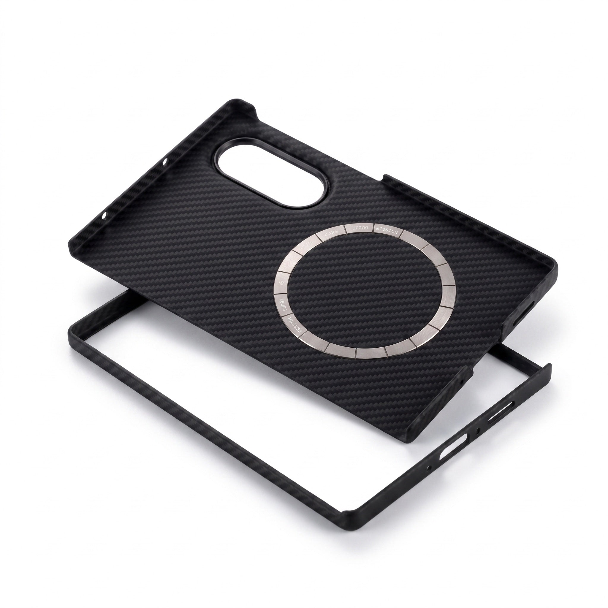 A black carbon fiber galaxy z fold 8 phone case with a built-in silver circular MagSafe ring, shown with its matching black inner frame on a white background.