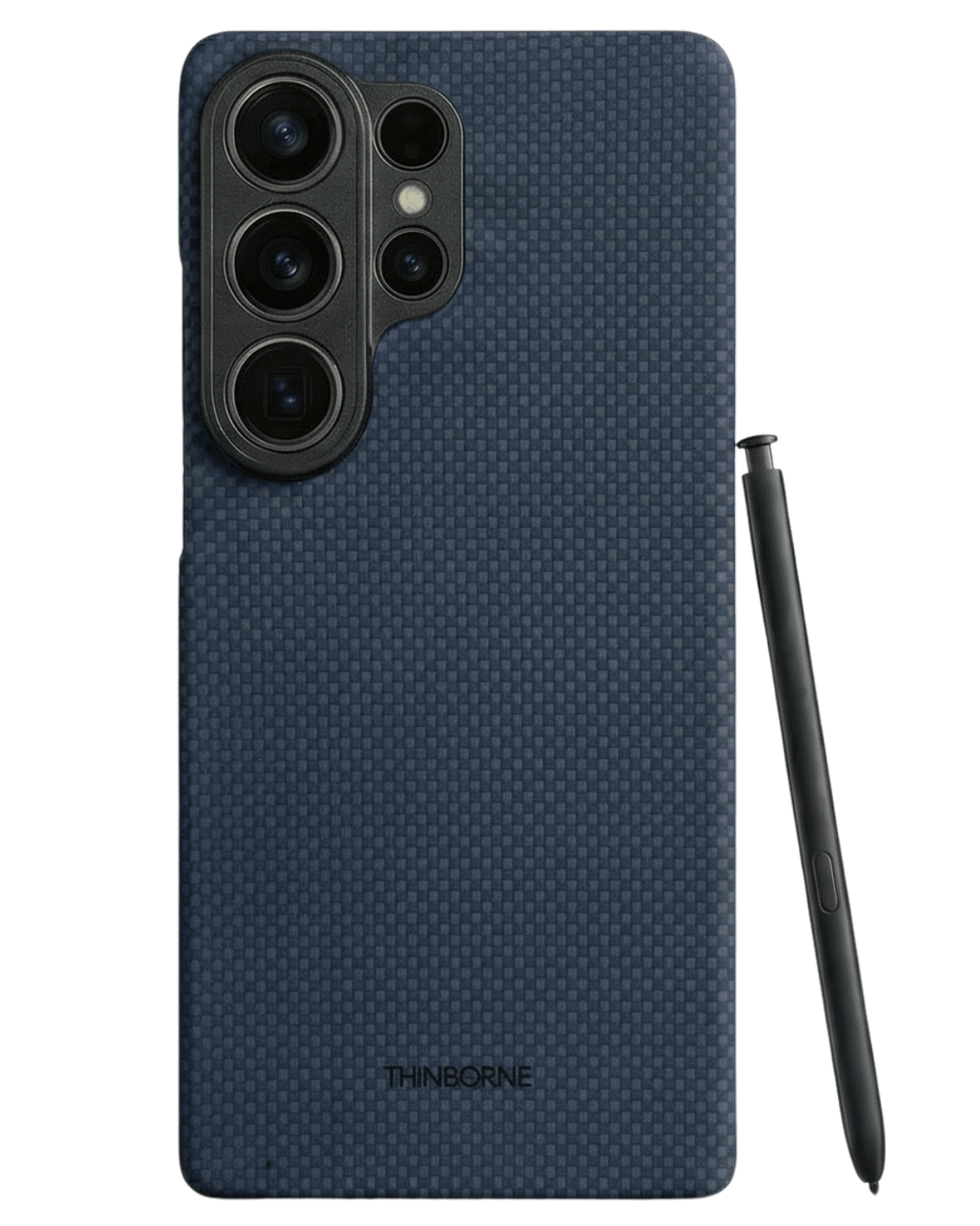 Blue samsung galaxy s26 ultra aramid fiber phone case with a stylus on a transparent background