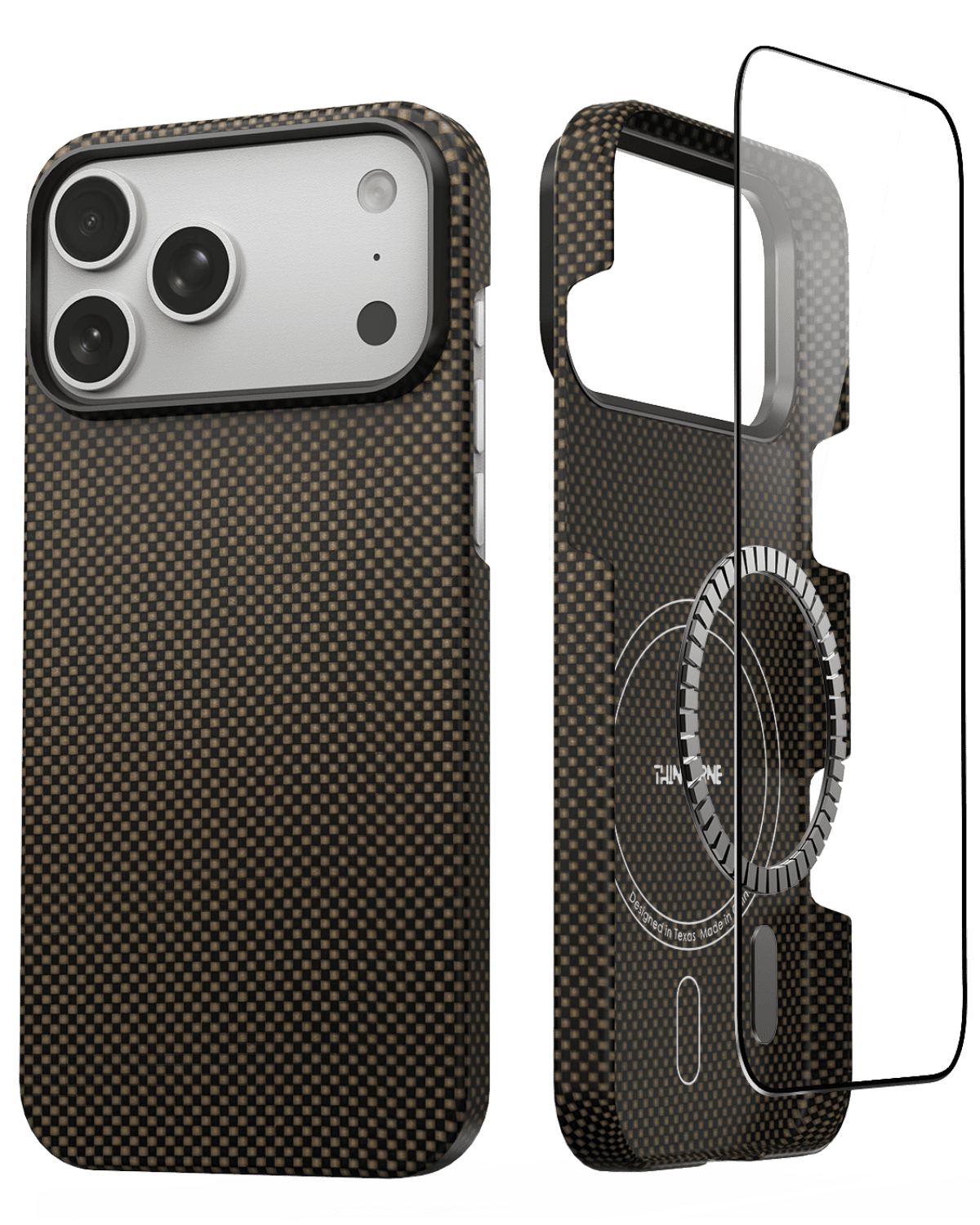 Carbon fiber iphone 17 pro max phone case with card holder on a transparent background