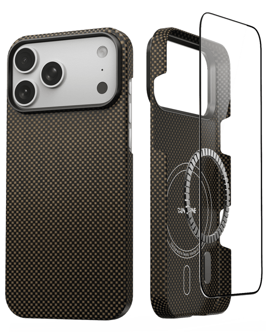 Carbon fiber iphone 17 pro max phone case with card holder on a transparent background