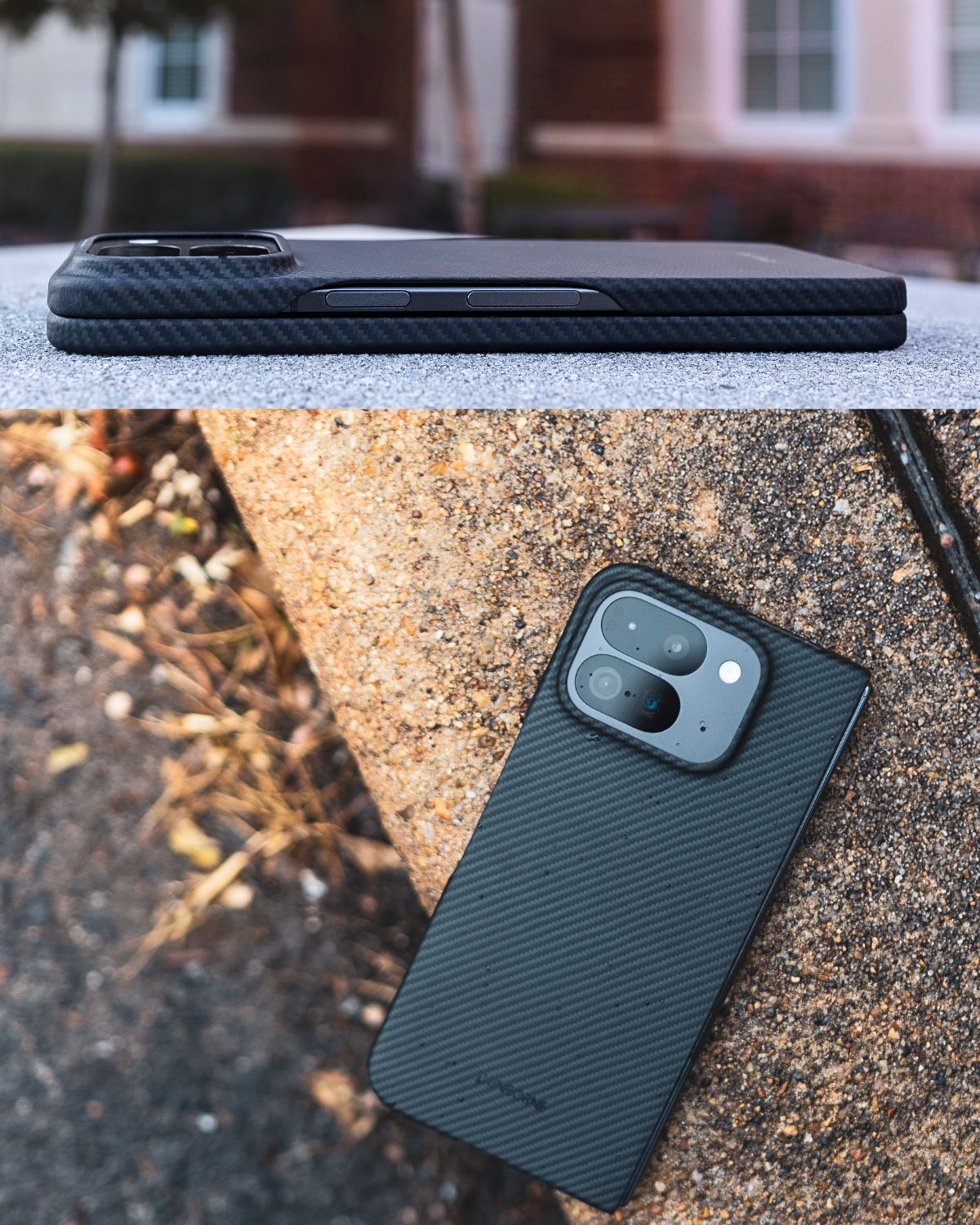 Pixel 10 Pro Fold case side view and flat lay, slim profile with carbon fiber texture.

