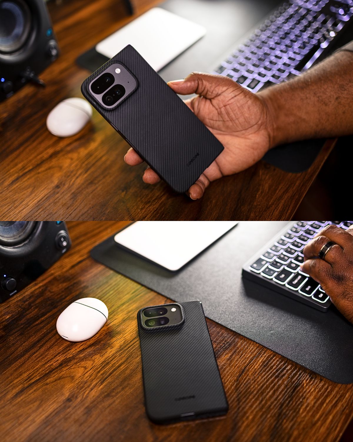 Pixel 10 Pro Fold case in hand and on desk, showing slim carbon fiber grip.