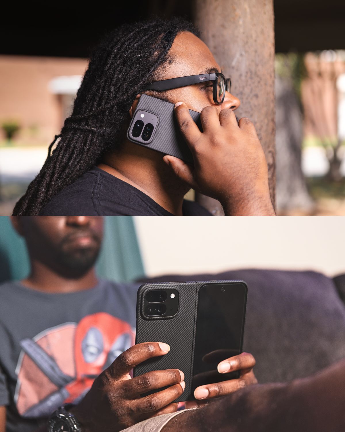 Pixel 10 Pro Fold case during a call and media viewing, slim and grippy.