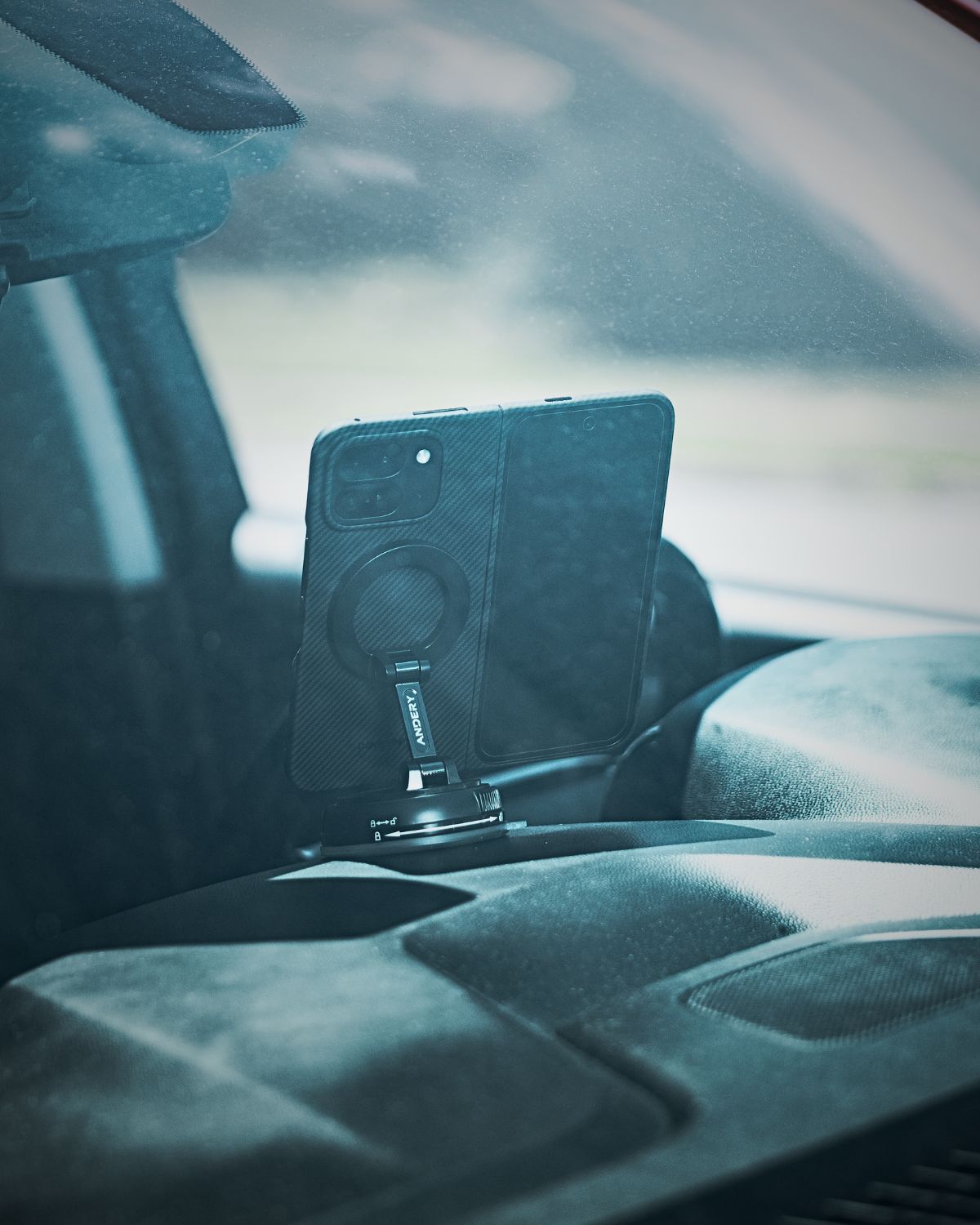 Pixel 10 Pro Fold case mounted on MagSafe-compatible car mount, showing strong grip and ultra-thin profile.

